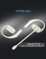 White Bluetooth headset with 'Emerson' branding on a dark background