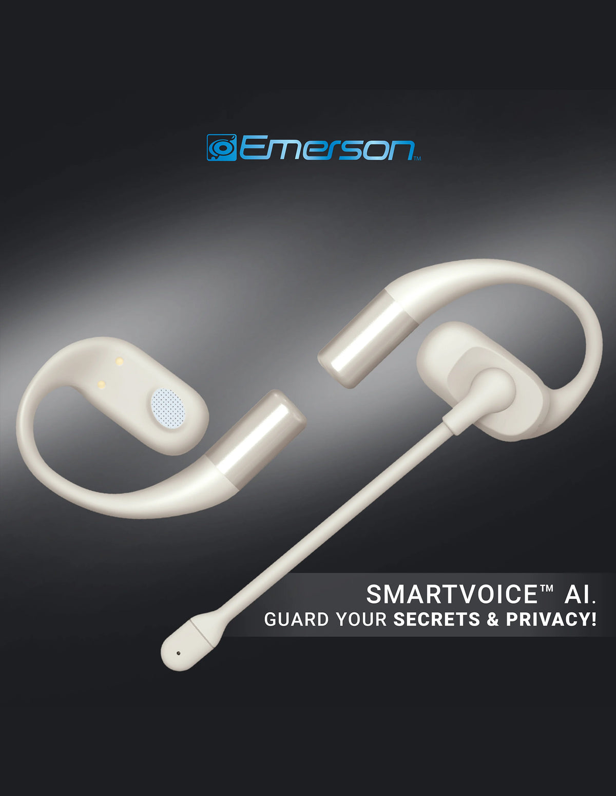 White Bluetooth headset with 'Emerson' branding on a dark background