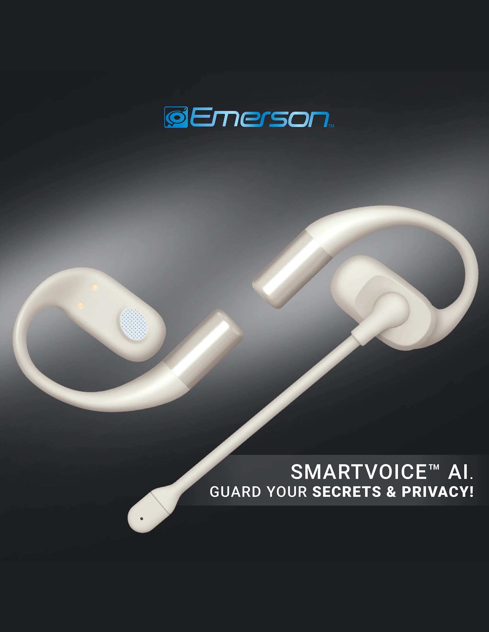 White Bluetooth headset with 'Emerson' branding on a dark background