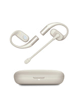 White Bluetooth headset with charging case on a white background