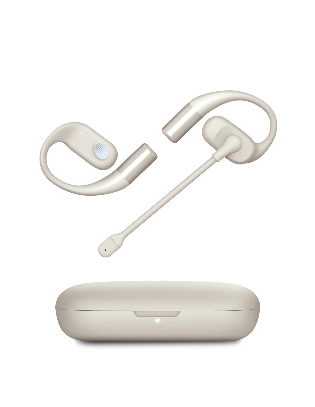 White Bluetooth headset with charging case on a white background