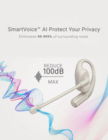 White Bluetooth headset with sound wave graphics and text about noise reduction on a light gray background