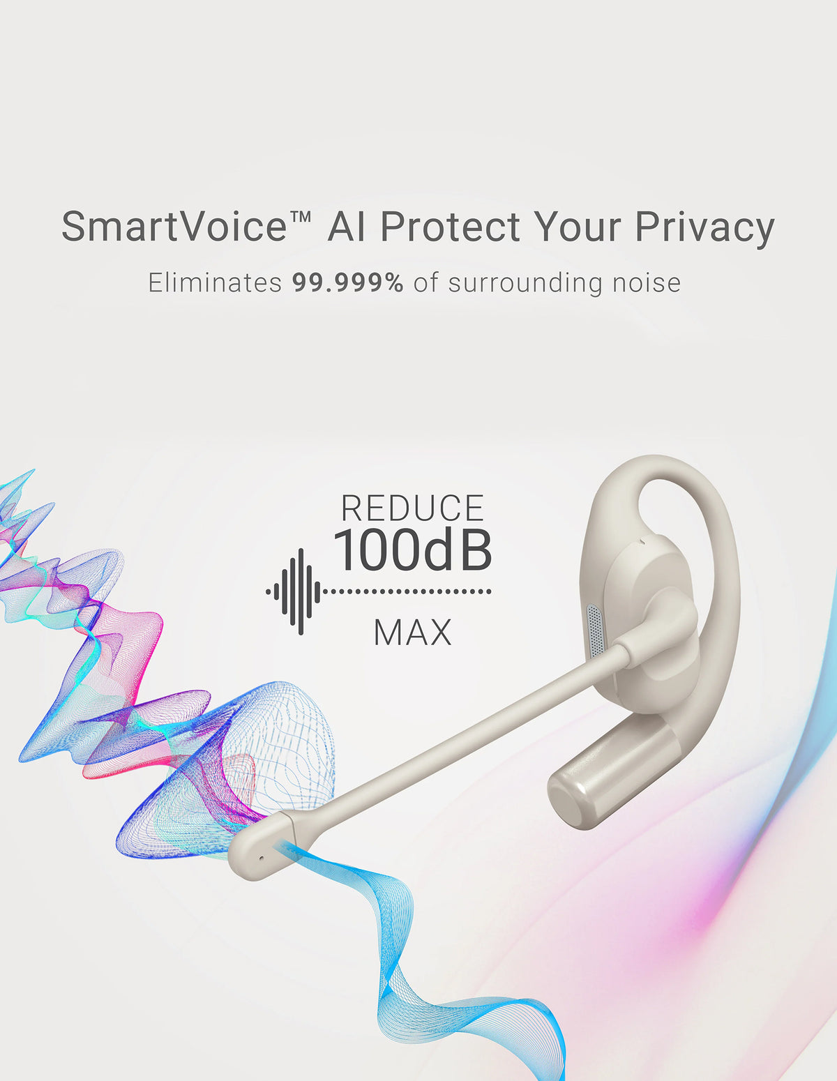 White Bluetooth headset with sound wave graphics and text about noise reduction on a light gray background