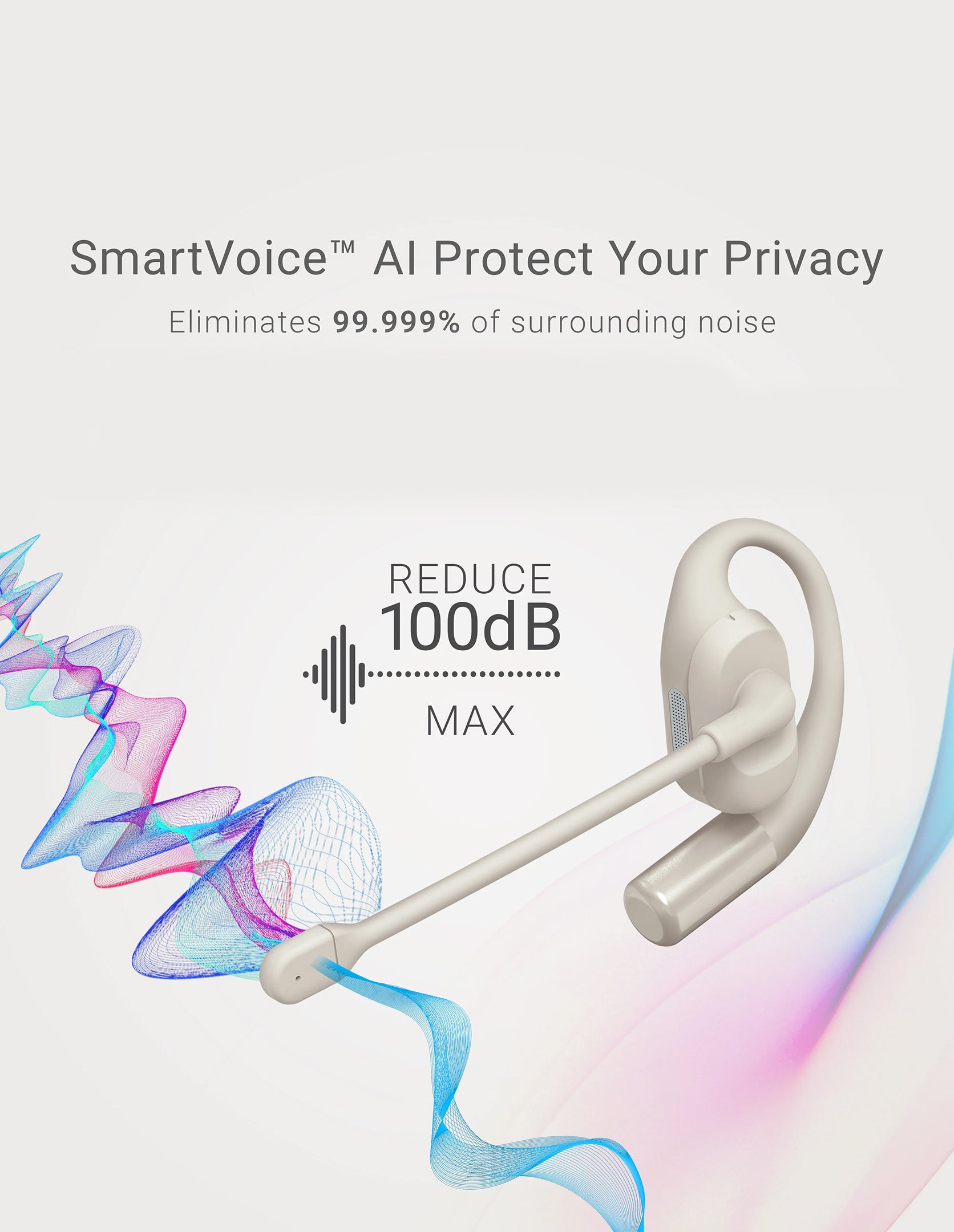 White Bluetooth headset with sound wave graphics and text about noise reduction on a light gray background
