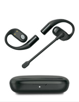Black Bluetooth headset with charging case on a white background