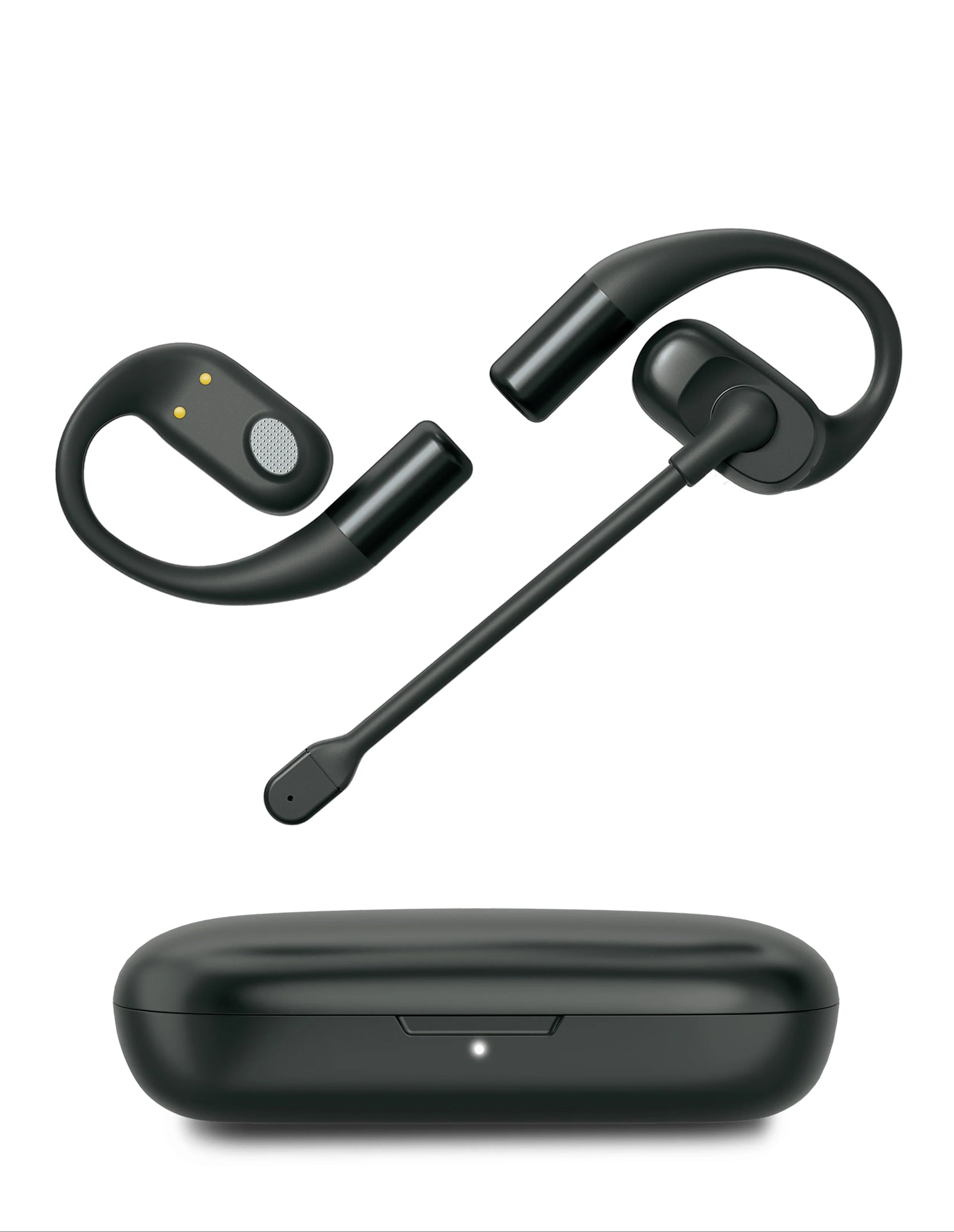 Black Bluetooth headset with charging case on a white background