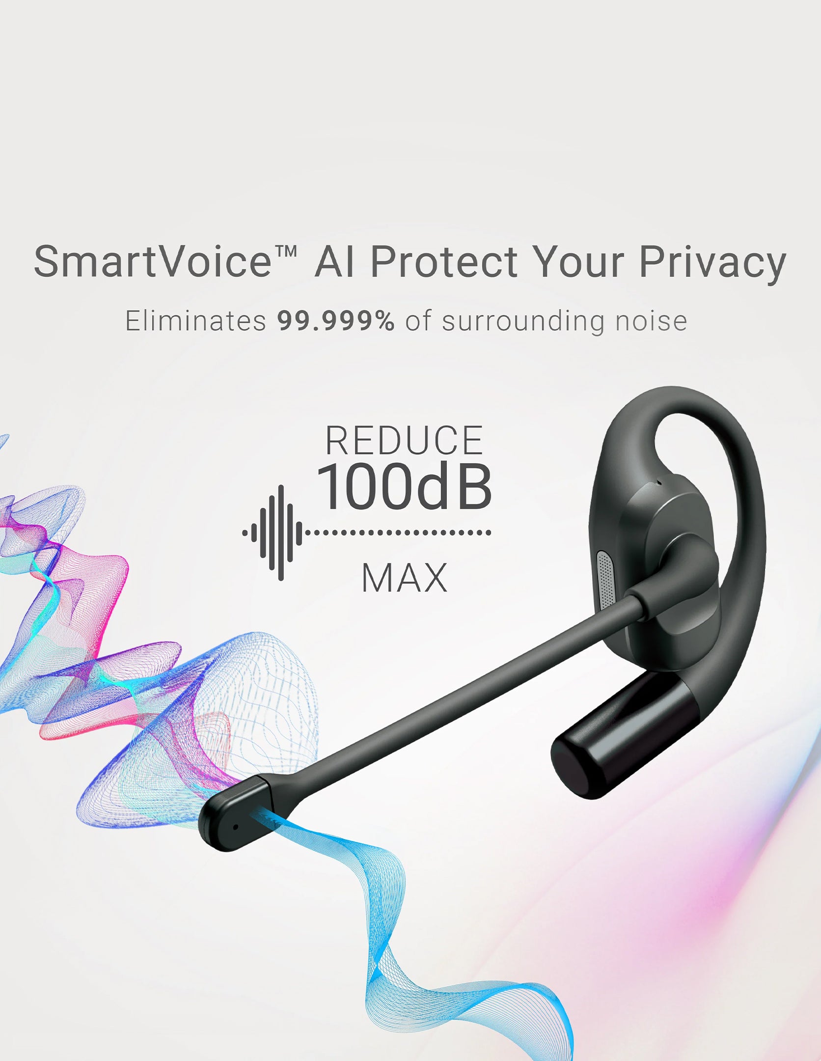 Black Bluetooth headset with sound wave graphics on a white background