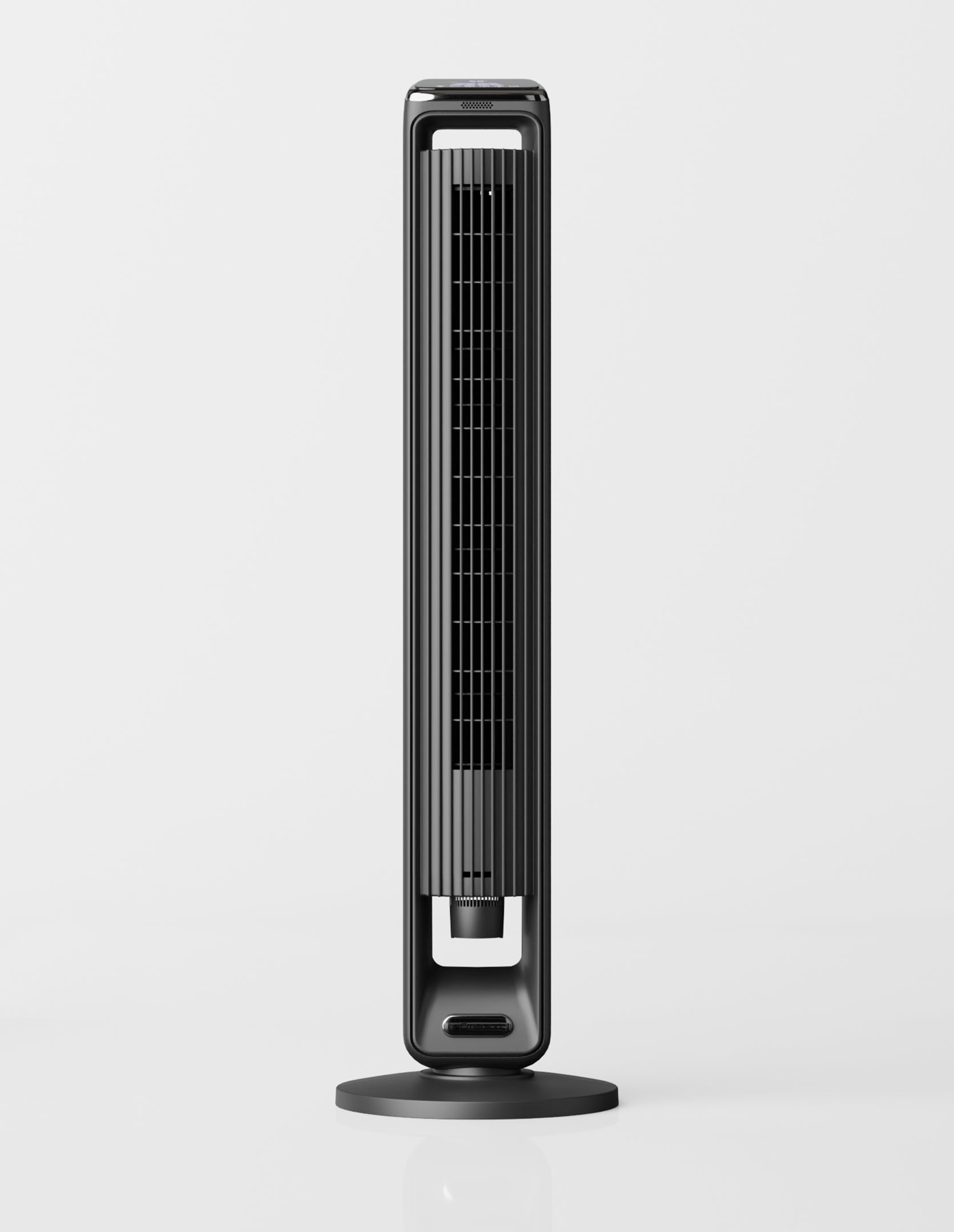 Black voice control tower fan on a white background