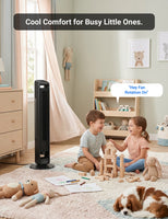 Children playing with toys in a room with a fan, text 'Cool Comfort for Busy Little Ones'.