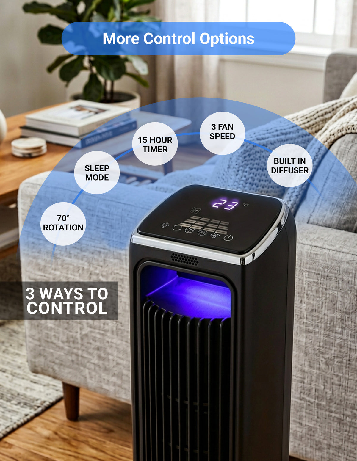 Tower fan with control options displayed in a living room setting