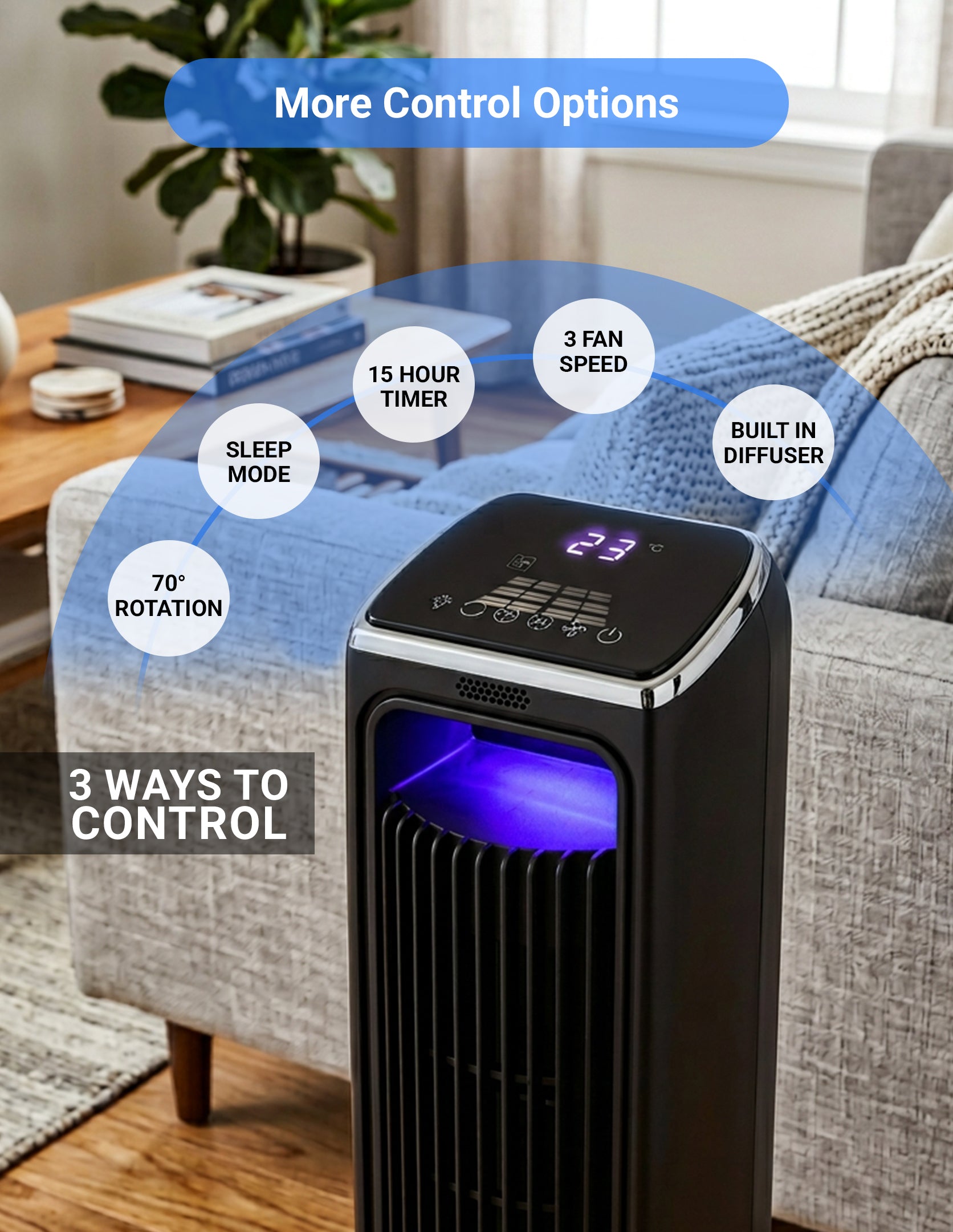 Tower fan with control options displayed in a living room setting