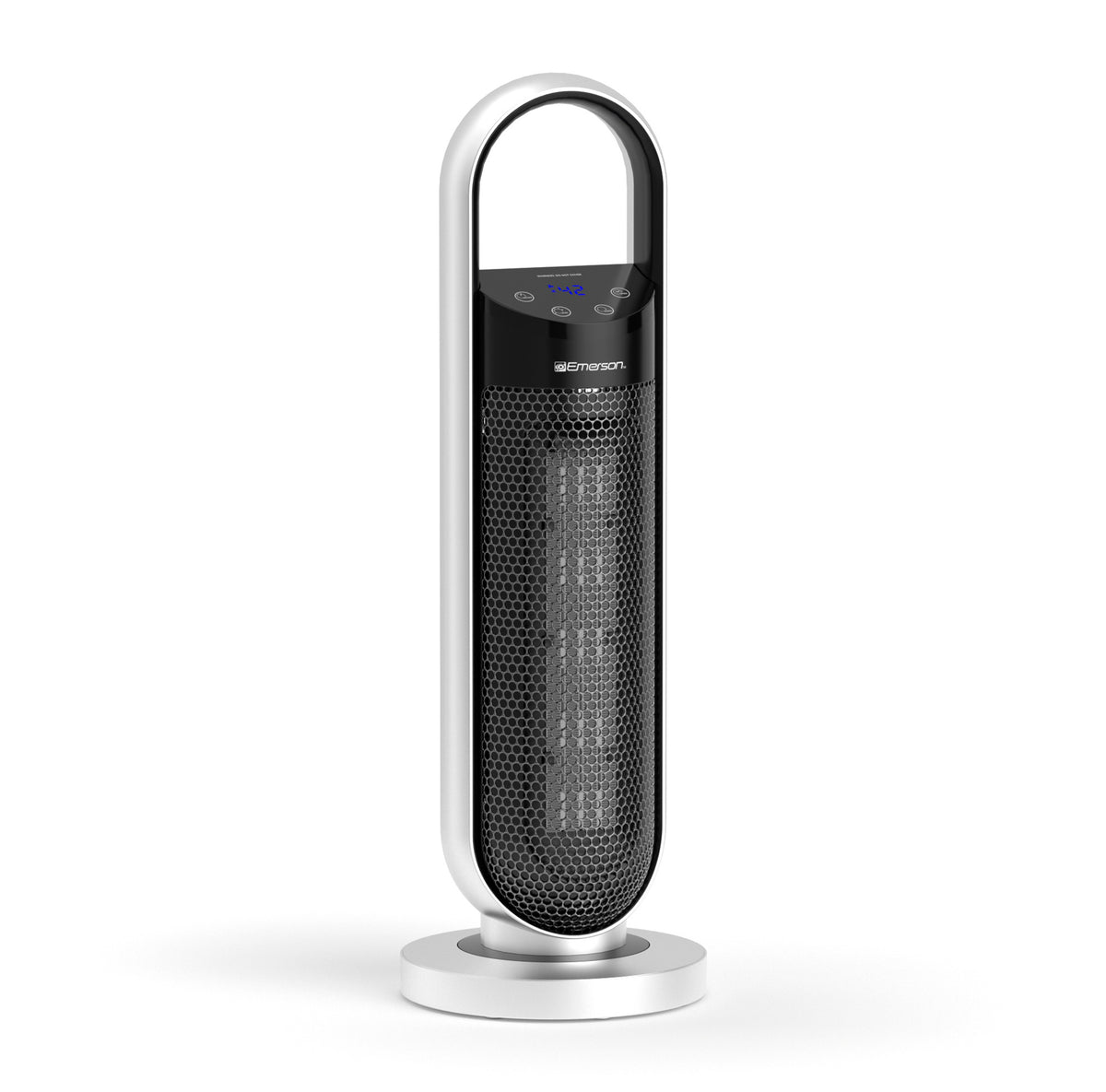 Emerson SmartVoice 23-inch tower space heater ES200ER with digital display and control panel, shown from front angle.