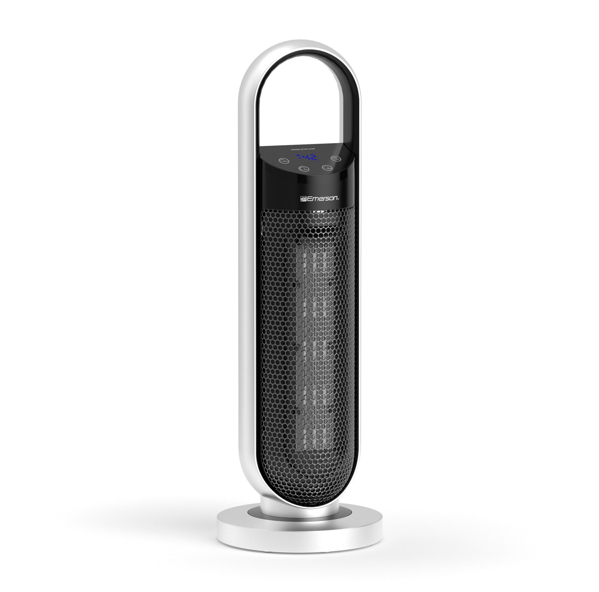 Emerson SmartVoice 23-inch tower space heater ES200ER with digital display and control panel, shown from front angle.