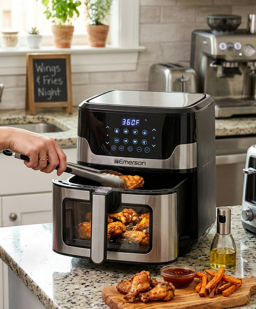 Emerson air fryer on a kitchen counter with food being cooked inside