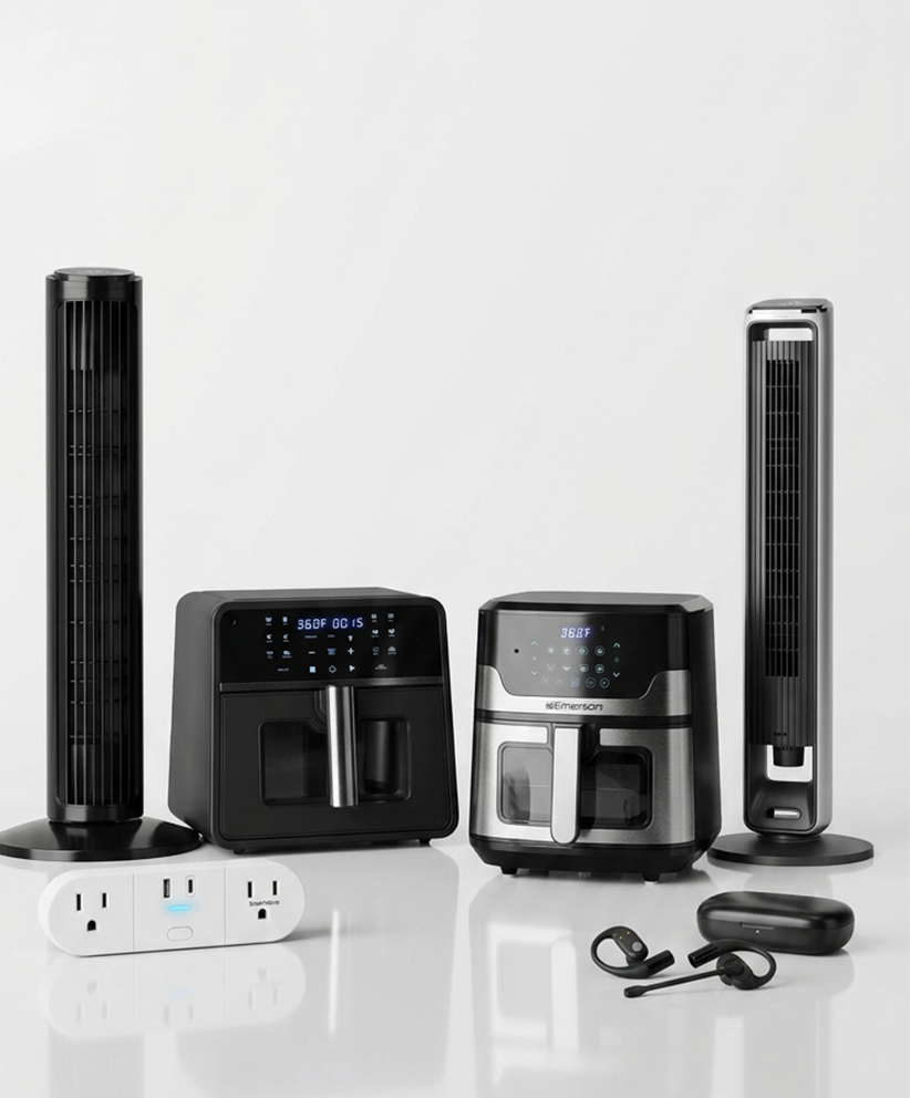 Collection of smartvoice devices including earphones, wall plug, air fryer, and tower fans on a white background.