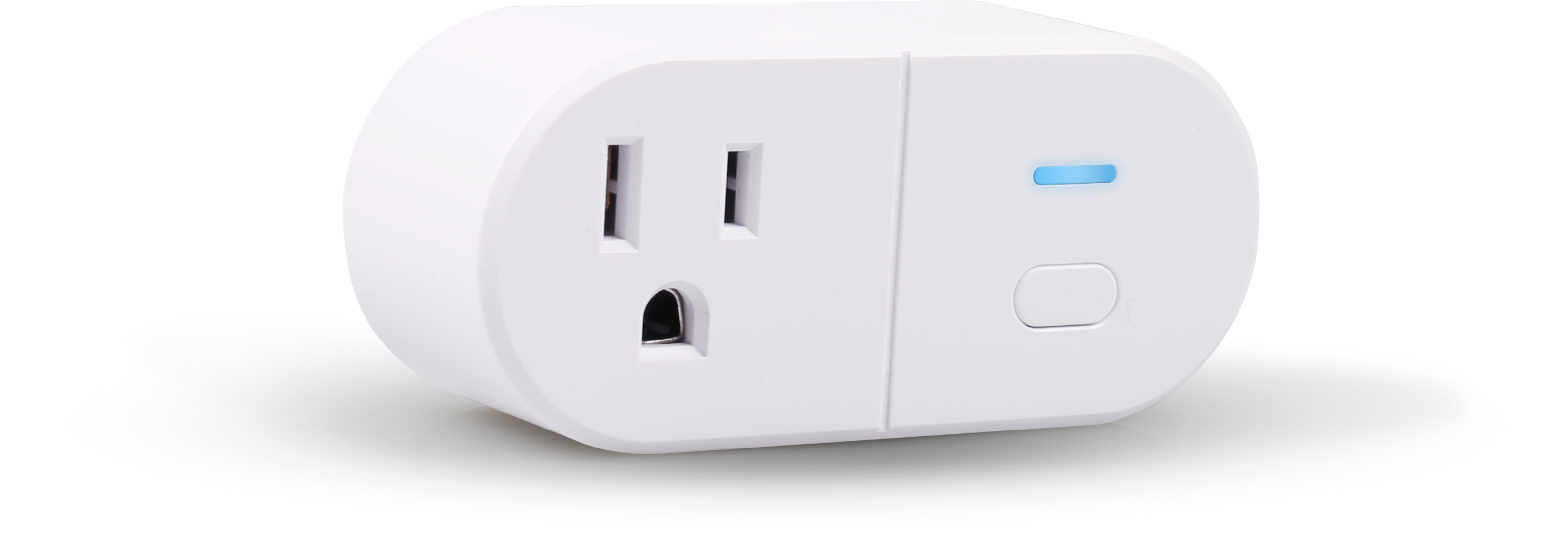 White smart plug with blue indicator light on a white background