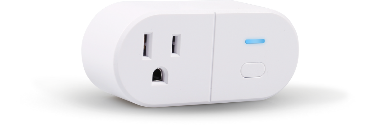 White smart plug with blue indicator light on a white background
