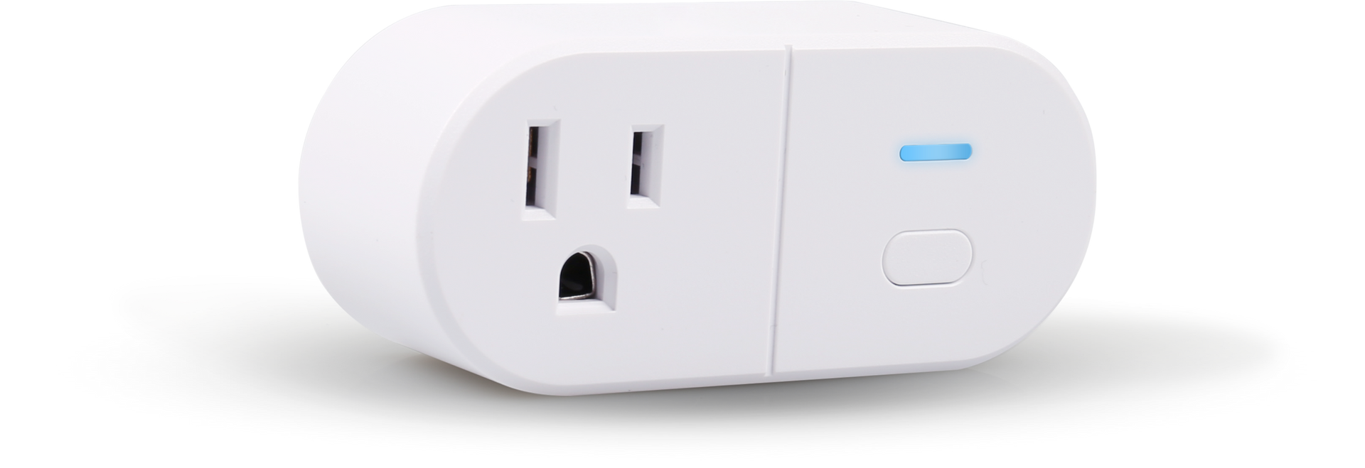 White smart plug with blue indicator light on a white background