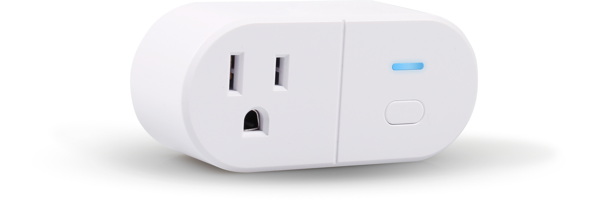 White smart plug with blue indicator light on a white background