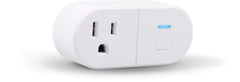 White smart plug with blue indicator light on a white background