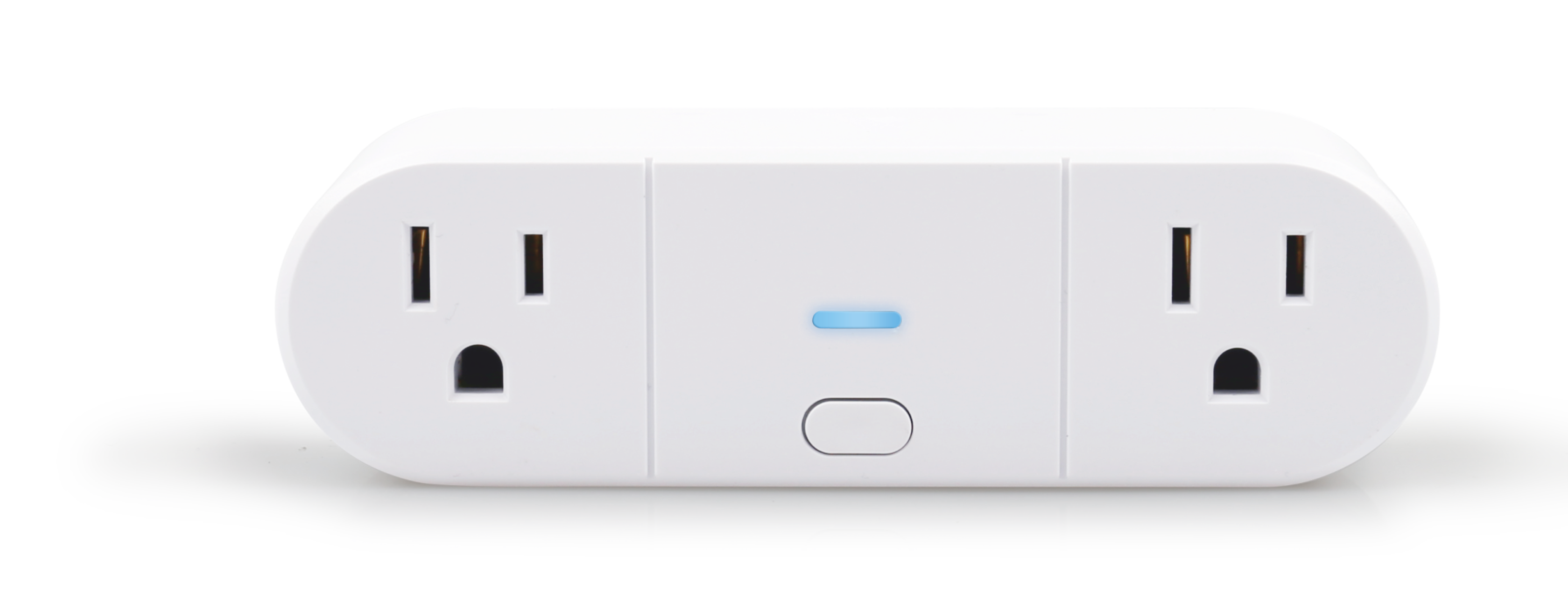 White electronic device with two outlets and a button on a white background