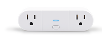White electronic device with two outlets and a button on a white background