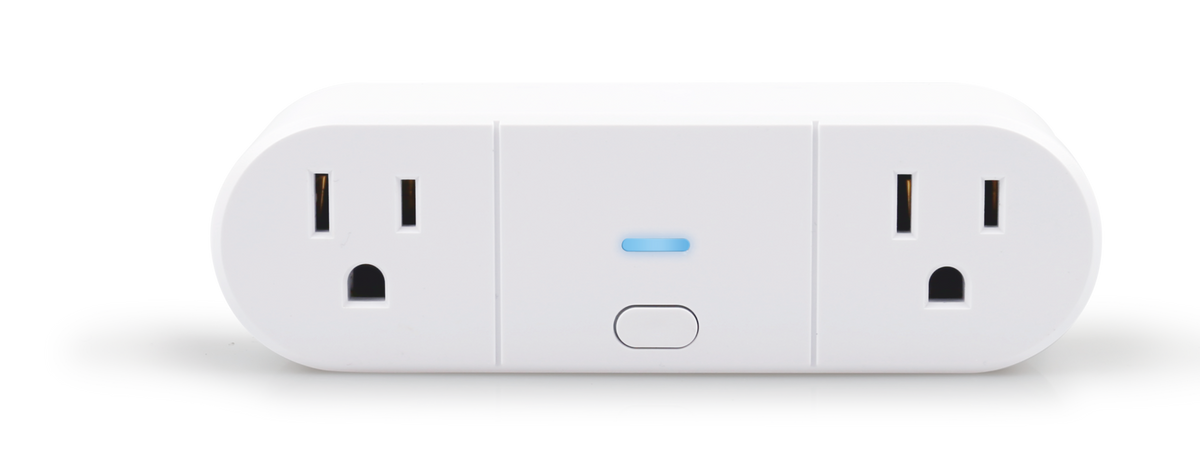 White electronic device with two outlets and a button on a white background