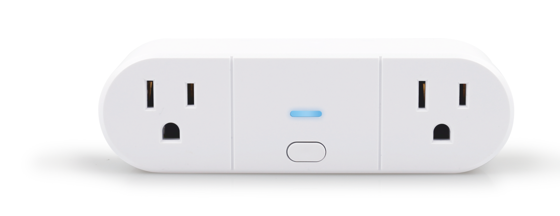 White electronic device with two outlets and a button on a white background