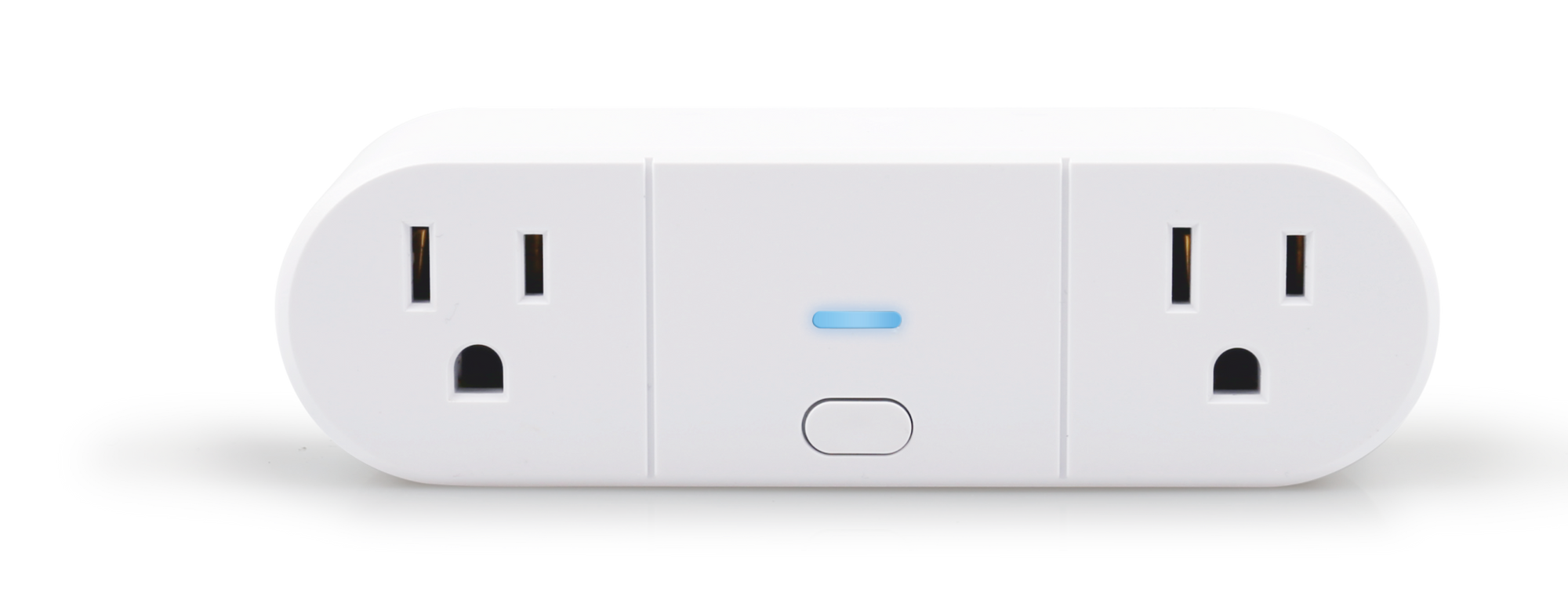 White electronic device with two outlets and a button on a white background