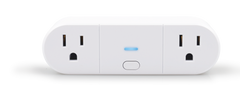 White electronic device with two outlets and a button on a white background