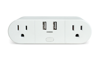 White power strip with multiple outlets and USB ports on a white background