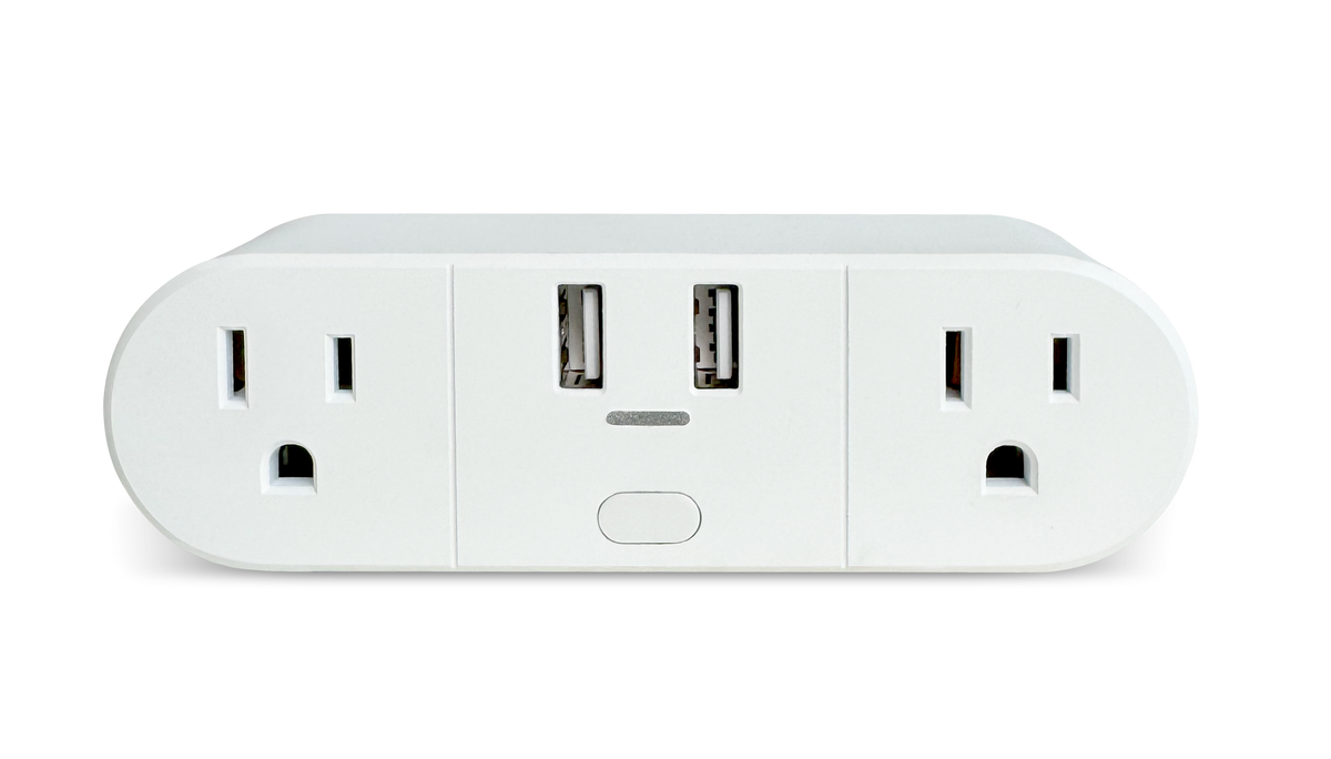 White power strip with multiple outlets and USB ports on a white background