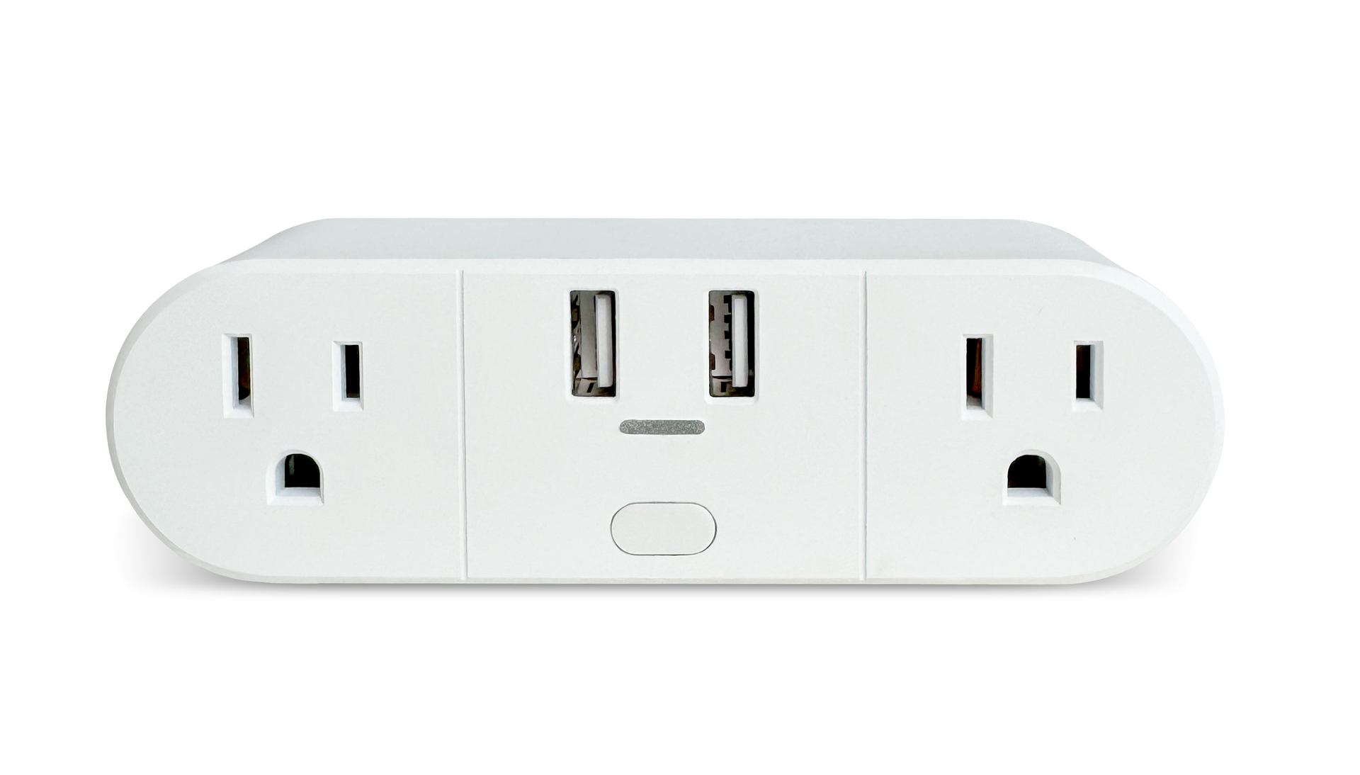 White power strip with multiple outlets and USB ports on a white background